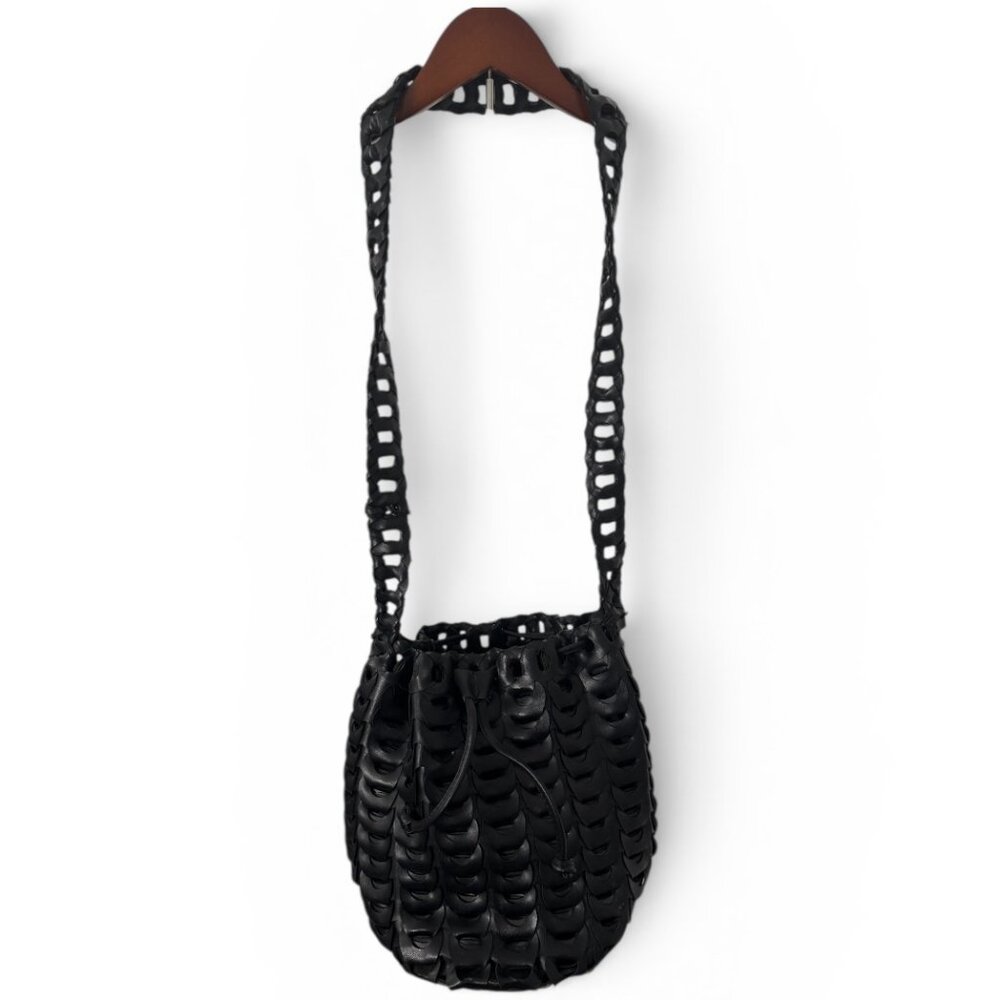 Black Woven Leather Bucket Bag | Drawstring | Excellent
